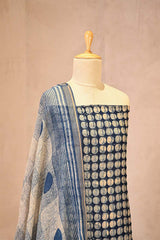 Grey Mulmul Cotton Unstitched Suit Set with Striped Kurta & Floral Dupatta