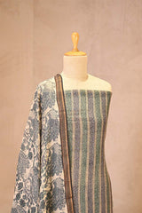 Grey Mulmul Cotton Unstitched Suit Set with Striped Kurta & Floral Dupatta
