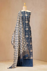 Indigo Mulmul Cotton Suit Set with Geometric Diamond & Polkadot Print