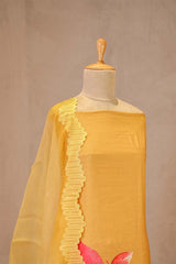 Deep Yellow Mulmul Cotton Suit Set with Floral Hem Kurta & Organza Dupatta
