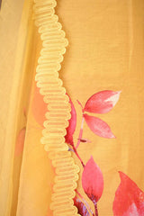 Deep Yellow Mulmul Cotton Suit Set with Floral Hem Kurta & Organza Dupatta