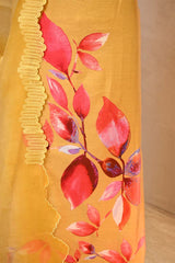 Deep Yellow Mulmul Cotton Suit Set with Floral Hem Kurta & Organza Dupatta