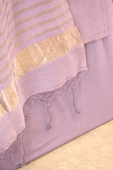 Lilac Mulmul Cotton Unstitched Suit Set with Embroidered Yoke & Zari Striped Dupatta
