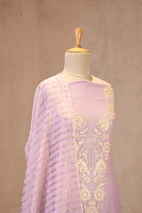 Lilac Mulmul Cotton Unstitched Suit Set with Embroidered Yoke & Zari Striped Dupatta