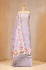 Lavender Organza Silk Suit Set with Lotus & Swan Print Kurta and Dupatta