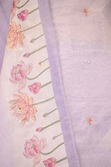 Lavender Organza Silk Suit Set with Lotus & Swan Print Kurta and Dupatta