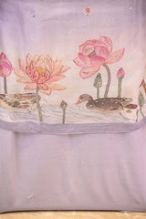 Lavender Organza Silk Suit Set with Lotus & Swan Print Kurta and Dupatta