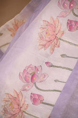 Lavender Organza Silk Suit Set with Lotus & Swan Print Kurta and Dupatta