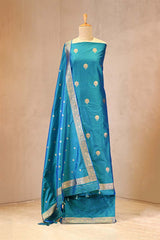 Peacock Blue Handloom Katan Silk Suit Set with Gold Zari Buta