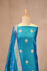 Peacock Blue Handloom Katan Silk Suit Set with Gold Zari Buta