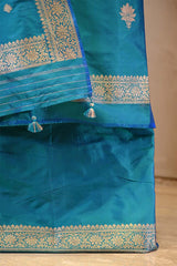 Peacock Blue Handloom Katan Silk Suit Set with Gold Zari Buta