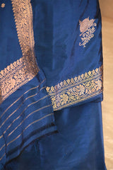Cobalt Blue Katan Silk Unstitched Suit Set with Gold Zari Floral Buta Kurta & Dupatta