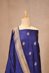 Ink Blue Handloom Katan Silk Suit Set with Gold Zari Buta & Matching Dupatta