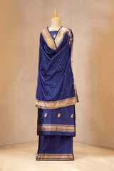 Ink Blue Handloom Katan Silk Suit Set with Gold Zari Buta & Matching Dupatta
