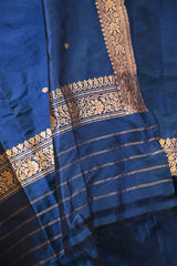 Cobalt Blue Katan Silk Unstitched Suit Set with Gold Zari Floral Buta Kurta & Dupatta