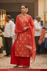 Women wearing Red Banarasi Suit Set with Organza Dupatta, Raw Mango Suit Set in a Phool Mandi