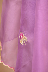 Lilac Satin Silk Suit with Organza Dupatta and Zari Embroidery