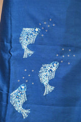 Sea Blue Chiniya Silk Unstitched Suit with Fish Motif Embroidery