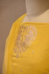 Yellow Satin Silk Unstitched Suit with Bird Motif Neckline & Organza Dupatta