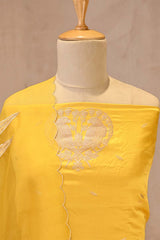 Yellow Satin Silk Unstitched Suit with Bird Motif Neckline & Organza Dupatta