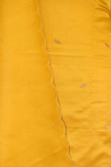 Yellow Satin Silk Unstitched Suit with Bird Motif Neckline & Organza Dupatta