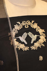 Black Handloom Satin Silk Unstitched Suit with Bird Motif Neckline & Organza Dupatta