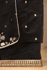 Black Handloom Satin Silk Unstitched Suit with Bird Motif Neckline & Organza Dupatta
