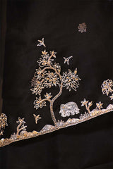 Black Handloom Satin Silk Unstitched Suit with Bird Motif Neckline & Organza Dupatta