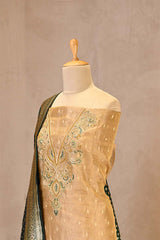 Beige Tissue Silk Unstitched Suit with Zardozi Neckline & Banarasi Dupatta