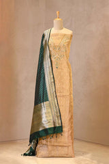 Beige tissue silk suit with zardozi neckline and Banarasi dupatta