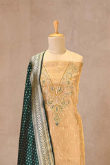 Beige Tissue Silk Unstitched Suit with Zardozi Neckline & Banarasi Dupatta