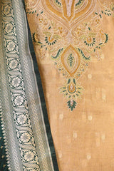 Beige Tissue Silk Unstitched Suit with Zardozi Neckline & Banarasi Dupatta