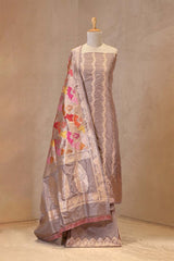 Light mauve Katan silk suit with zari stripes and Banarasi dupatta