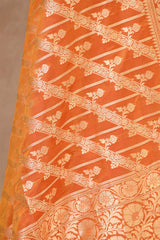 Orange Banarasi Katan Silk Unstitched Suit with Zari Buti & Dupatta