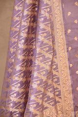 Lavender Banarasi Katan Silk Unstitched Suit with Zari Buti & Dupatta