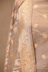 Grey Banarasi Katan Silk Unstitched Suit with Zari Buti & Dupatta