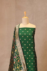Bottle Green Banarasi Katan Silk Unstitched Suit Set with Zari Buti