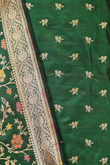 Bottle Green Banarasi Katan Silk Unstitched Suit Set with Zari Buti