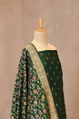 Bottle Green Banarasi Katan Silk Unstitched Suit Set with Zari Buti