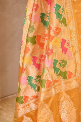 Yellow Katan Silk Unstitched Suit Set with Meenakari Buta & Rangkat Dupatta
