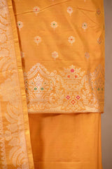 Yellow Katan Silk Unstitched Suit Set with Meenakari Buta & Rangkat Dupatta