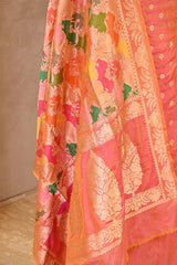 Peach Katan Silk Unstitched Suit Set with Meenakari Buta & Rangkat Dupatta