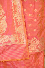 Peach Katan Silk Unstitched Suit Set with Meenakari Buta & Rangkat Dupatta