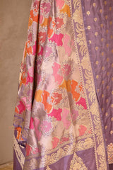 Lilac Katan Silk Unstitched Suit Set with Meenakari Buta & Rangkat Dupatta