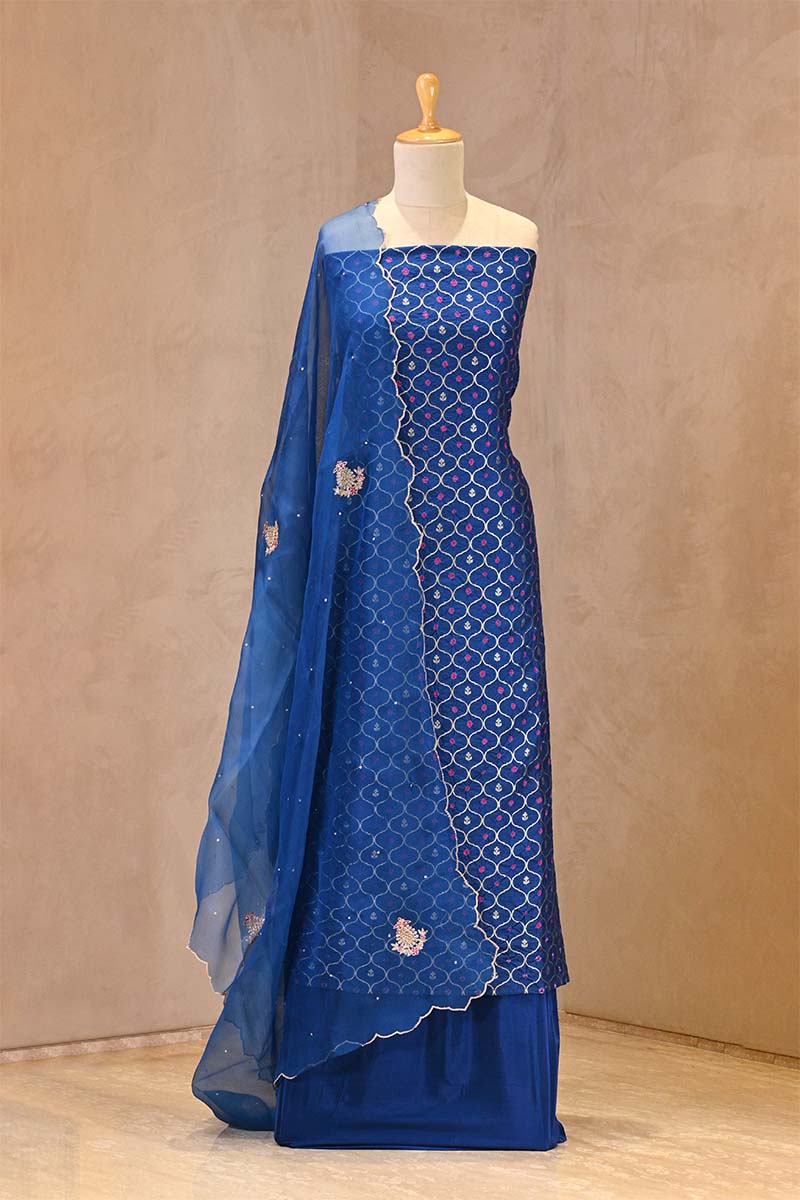 silk bandhani dress design German Blue Chiniya Bandhni Suit Set | Chinaya Banaras VENDOR COLOR-LT PINK color:color 3 V Neck Wash Care Indie Lace Maxi Dress