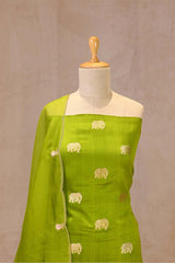 Green Chiniya Silk Suit Set with Gaja Motifs & Gold Embellished Dupatta
