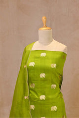 Green Chiniya Silk Suit Set with Gaja Motifs & Gold Embellished Dupatta