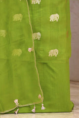 Green Chiniya Silk Suit Set with Gaja Motifs & Gold Embellished Dupatta