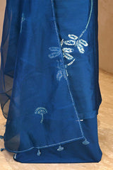 Blue Chiniya Silk Shibori Unstitched Suit with Butterfly Motif Embroidery