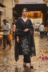 Black Chiniya Silk Shibori Unsticthed Suit With Bird Motif Embroidery
